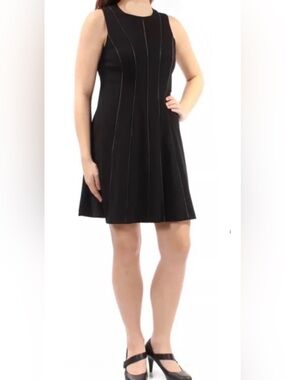 Calvin Klein Sz 14W Black Fit n Flare Dress with Vertical Faux Leather Trim